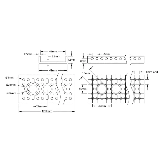 3121 Series Low-Side U-Channel (49 Hole, 1200mm Length) technical drawing