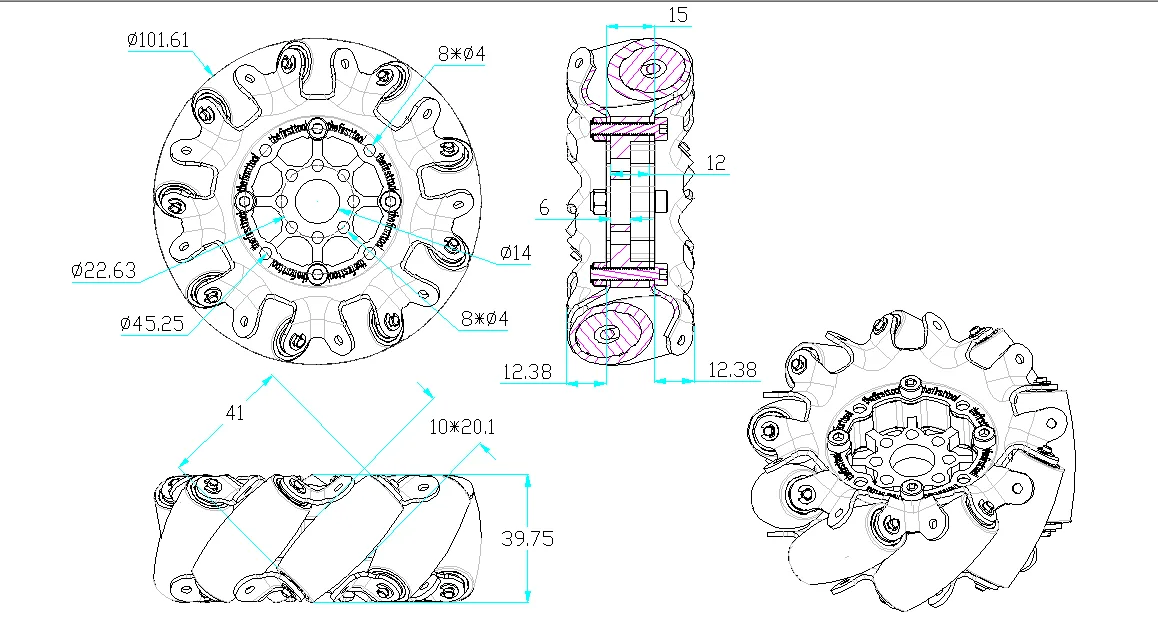 4"steel Mecanum whee(right) technical drawing