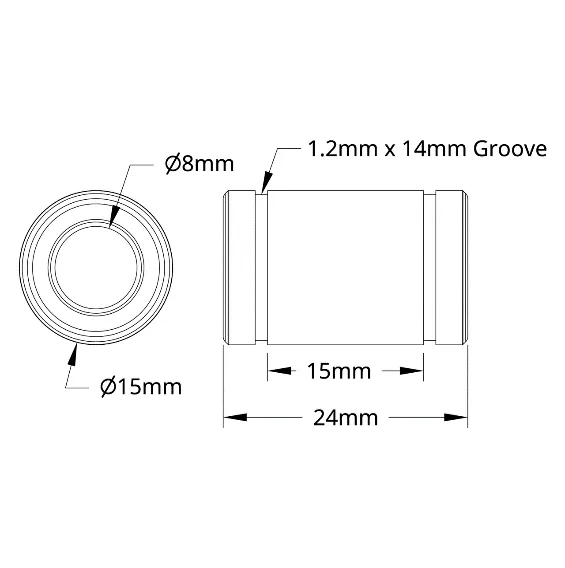 3612 Series Linear Ball Bearing (8mm ID x 15mm OD, 24mm Length) - 2 Pack technical drawing