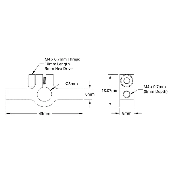 3402 Series 2-Side, 1-Post Clamping Mount (43mm Width, 8mm Bore) technical drawing