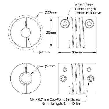 6002 Series Flexible Clamping Shaft Coupler (6mm Round Bore to 8mm Round Bore) technical drawing