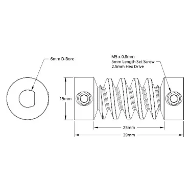 4308 Series Stainless Steel, MOD 1.5, D-Bore Set Screw Worm (6mm D-Bore , 39mm Length) technical drawing