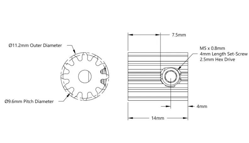 4303 Series Steel, MOD 0.8 Pinion Gear (3mm Round Bore, 12 Tooth) technical drawing