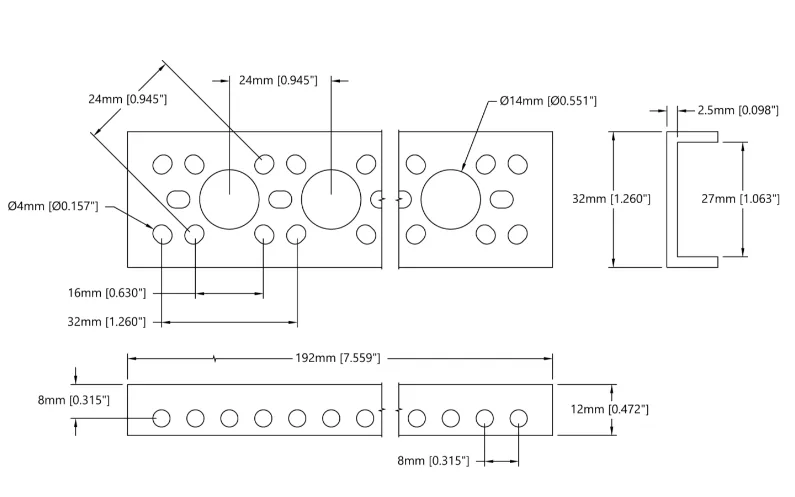 3143 Series Mini Low-Side U-Channel (7 Hole, 192mm Length) technical drawing