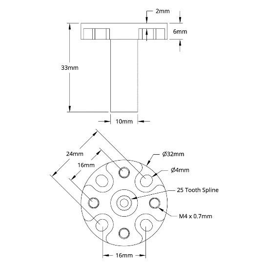 3910 Series Servo Hub Shaft (25 Tooth Spline, 10mm Shaft Diameter, 33mm Length) technical drawing