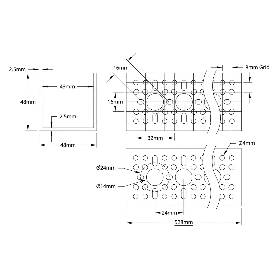 3120 Series U-Channel (21 Hole, 528mm Length) technical drawing
