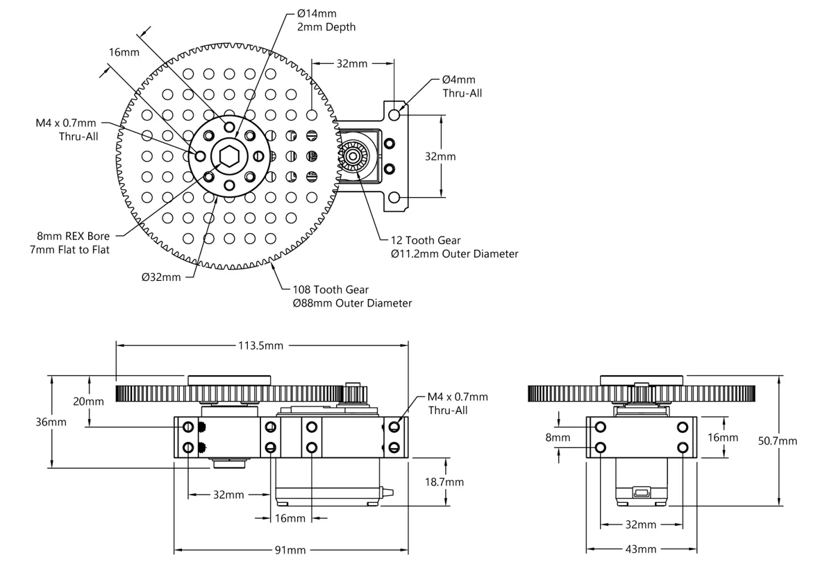 Stingray-9 Servo Gearbox ( 9:1 Ratio, Continuous Rotation, 6.7RPM, 3150 oz-in Torque) technical drawing