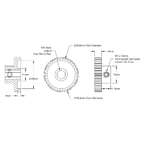 4303 Series Steel, MOD 0.8 Pinion Gear (8mm REX Bore, 36 Tooth) technical drawing