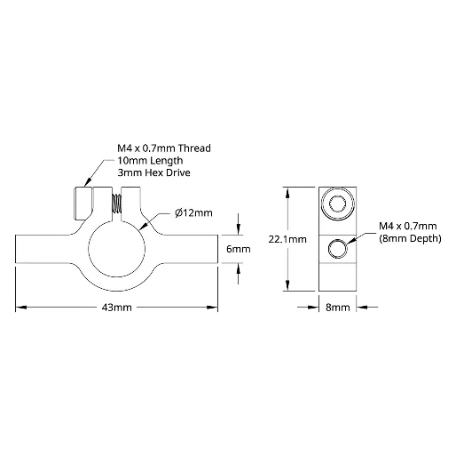 3402 Series 2-Side, 1-Post Clamping Mount (43mm Width, 12mm Bore) technical drawing