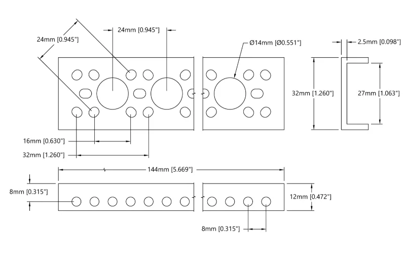 3143 Series Mini Low-Side U-Channel (5 Hole, 144mm Length) technical drawing