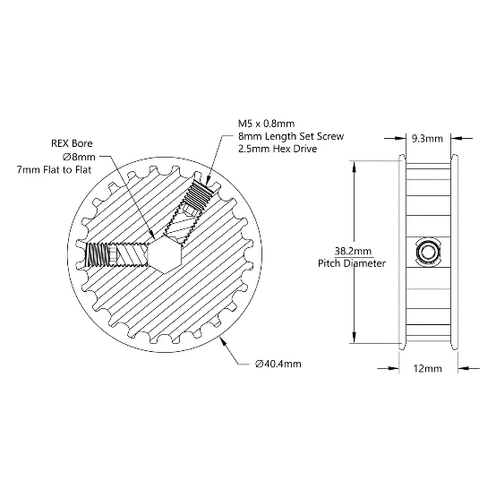 5414 Series 5mm HTD Pitch Set Screw Pinion Timing Belt Pulley (8mm REX Bore, 24 Tooth) technical drawing