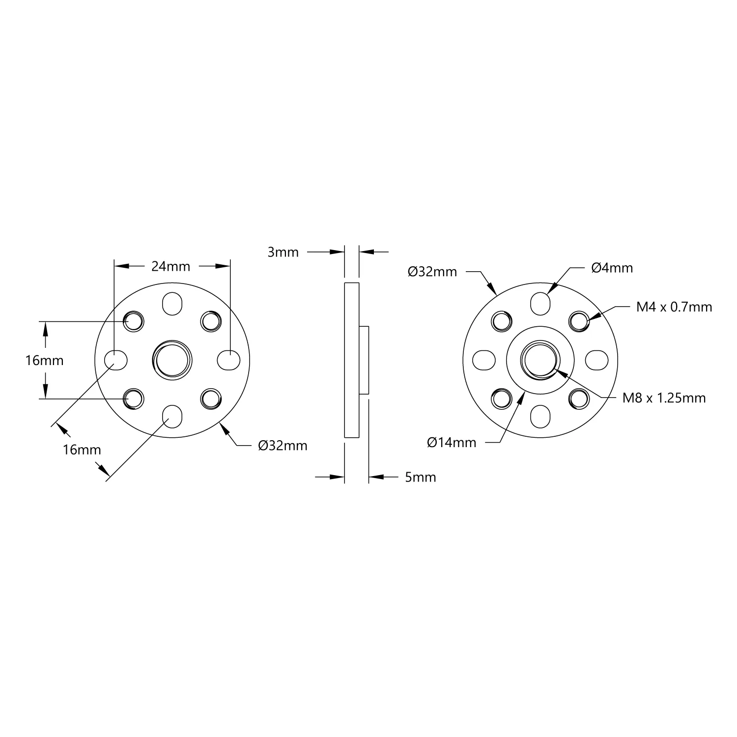 M8 x 1.25mm to Sheen Robotics Pattern Mount technical drawing