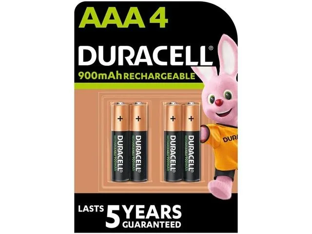 Duracell AAA NiMH Rechargeable Batteries, 1.2 V, 900 mAh (4 Pack)