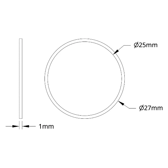 3500 Series Plastic Spacer (25mm ID x 27mm OD, 1mm Thickness) technical drawing