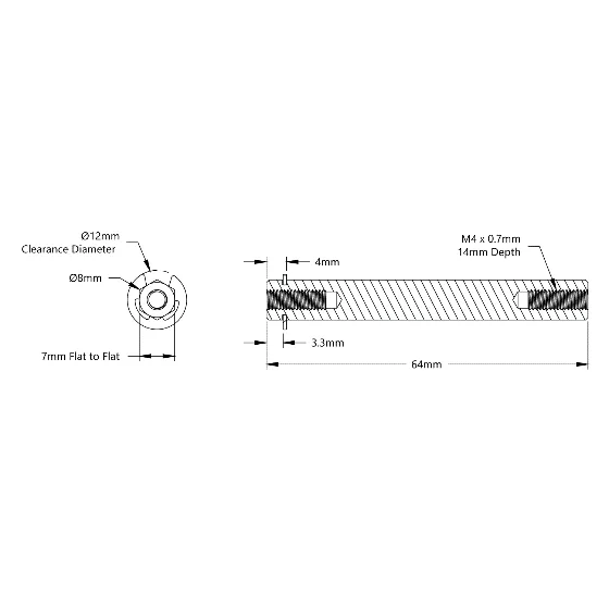 4106 Series Stainless Steel REX Shaft (8mm Diameter, 64mm Length) technical drawing