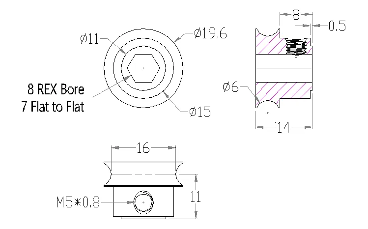 5401 Series Set-Screw Round Belt Pulley (8mm REX™ Bore, 16mm PD) technical drawing