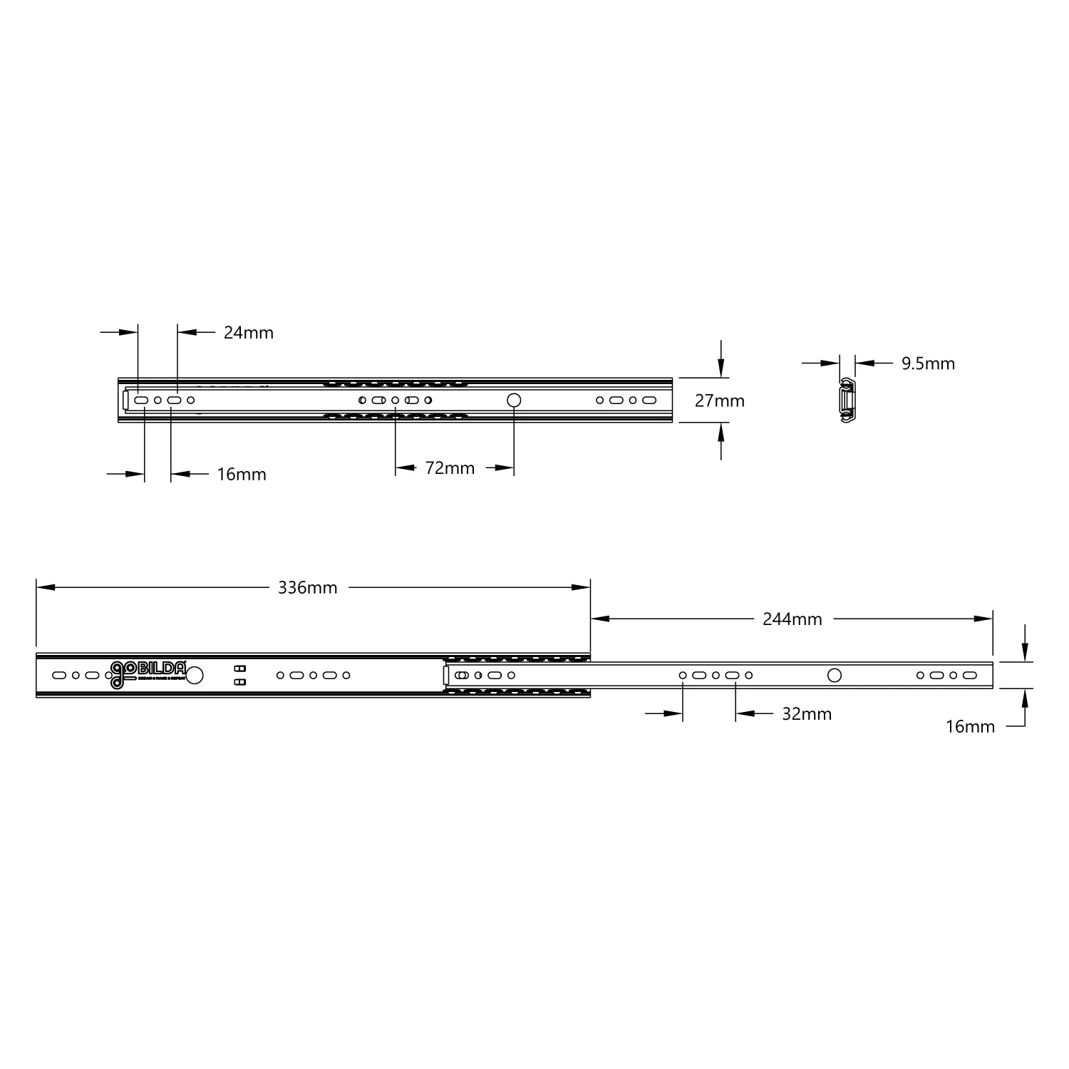 Steel Viper-Slide (14-Ball Carriage, 336mm Length, 244mm Travel) technical drawing