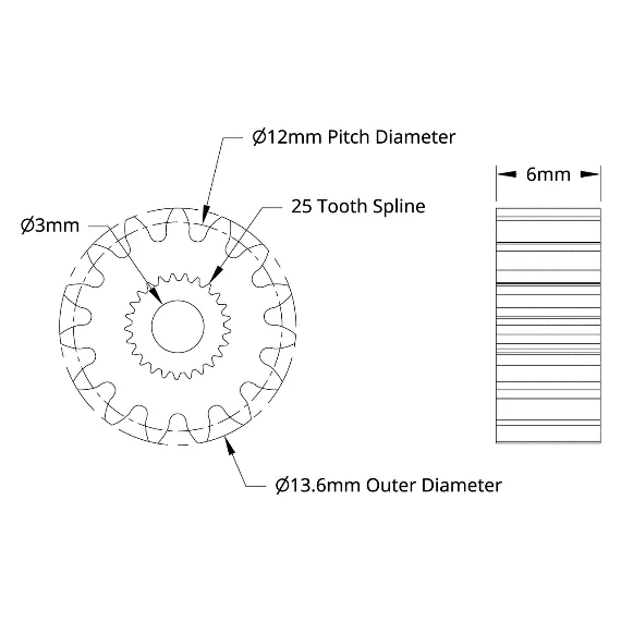 4307 Series Steel, MOD 0.8, Servo Gear (25 Tooth Spline, 15 Tooth) technical drawing