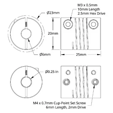 6002 Series Flexible Clamping Shaft Coupler (6mm Round Bore to 0.250" Round Bore) technical drawing