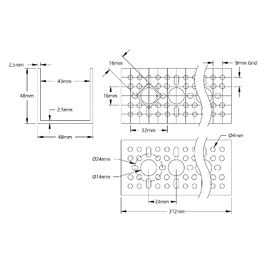 3120 Series U-Channel (12 Hole, 312mm Length) technical drawing