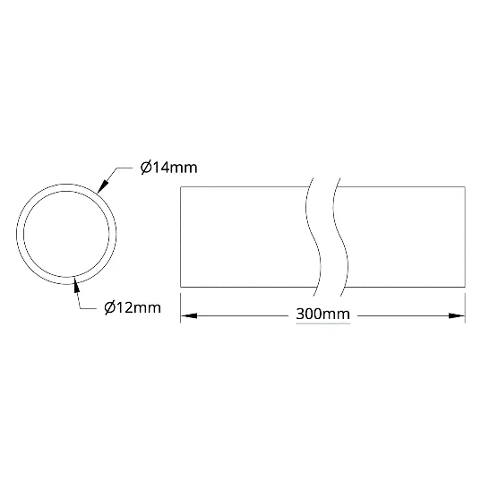 6100Series Aluminum Tube (12mm ID x 14mm OD, 300mm Length) technical drawing