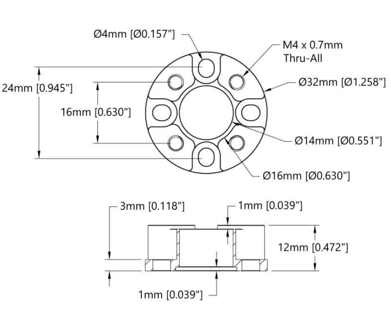 3505 Series 32mm OD Counterbored Pattern Spacer (12mm Length) technical drawing