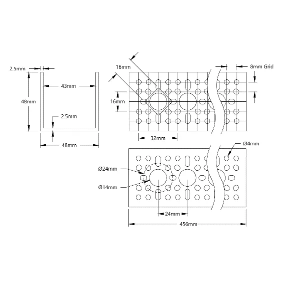 3120 Series U-Channel (18 Hole, 456mm Length) technical drawing
