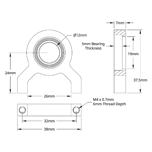 3602 Series 1-Side, 2-Post Pillow Block (12mm Bore) technical drawing