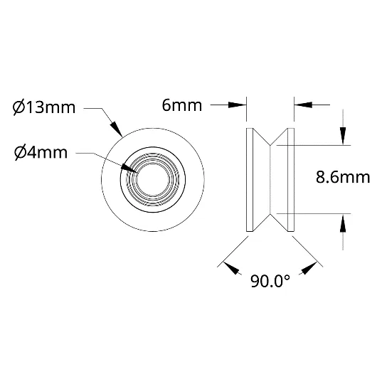 3609 Series V-Groove Bearing (4mm ID x 13mm OD, 6mm Thickness) - 2 Pack technical drawing