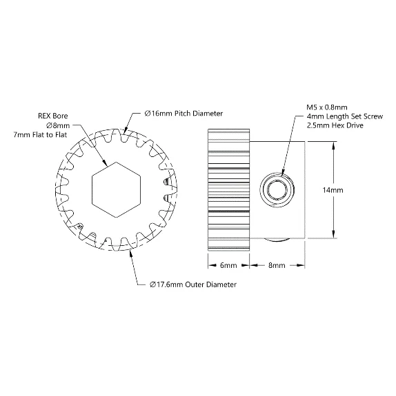 4303 Series Steel, MOD 0.8 Pinion Gear (8mm REX Bore, 20 Tooth) technical drawing