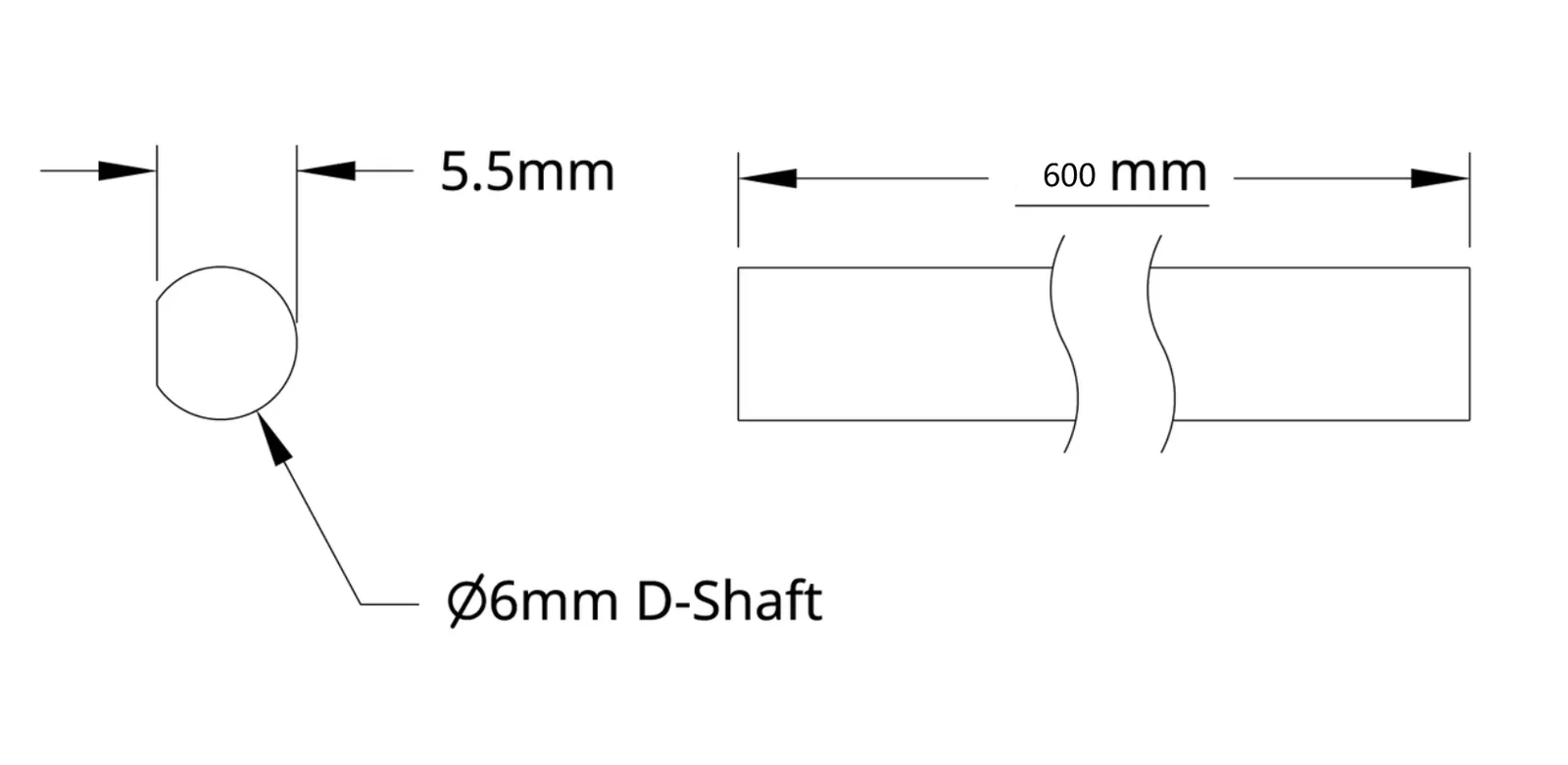 4101 Series Stainless Steel D-Shaft (6mm Diameter, 600mm Length) technical drawing