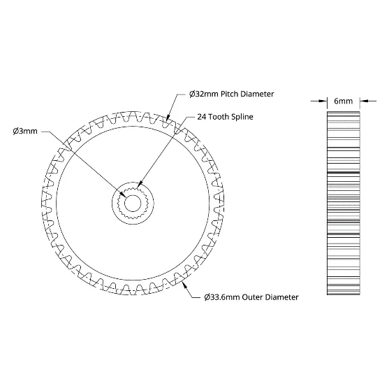 4307 Series Steel, MOD 0.8, Servo Gear (24 Tooth Spline, 40 Tooth) technical drawing