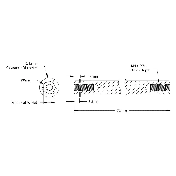4106 Series Stainless Steel REX Shaft (8mm Diameter, 72mm Length) technical drawing