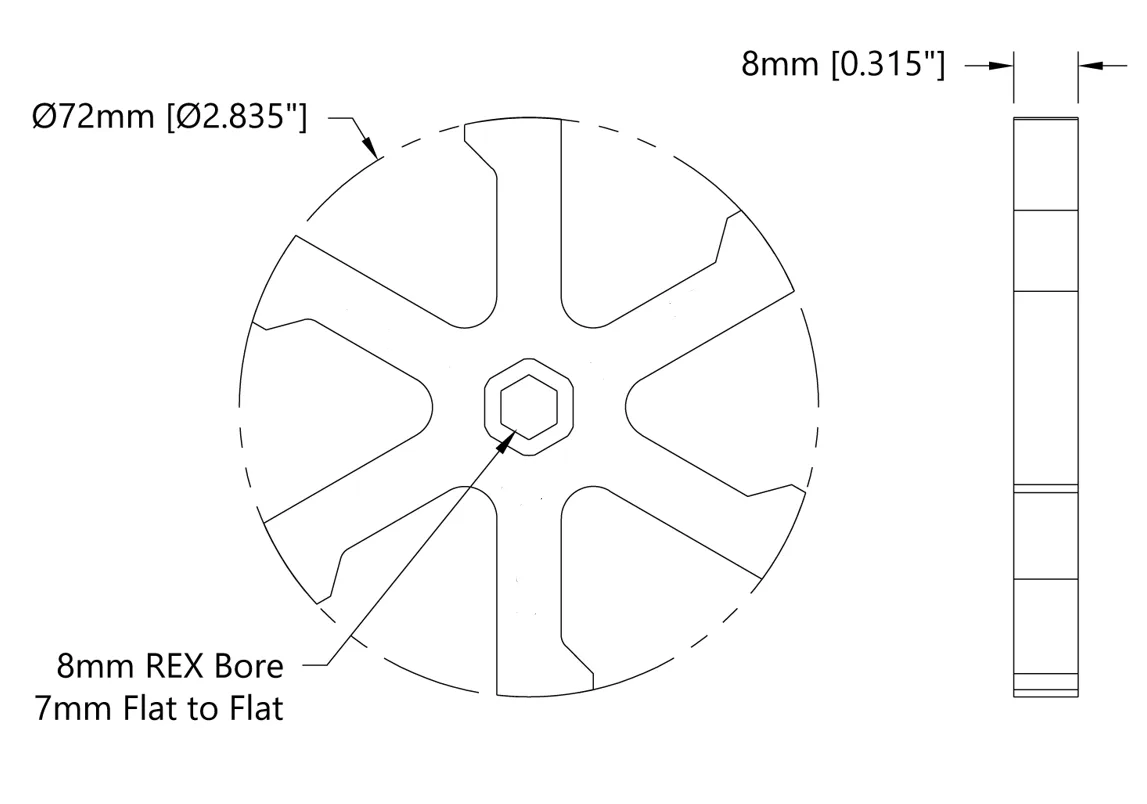 5615 Series Boot-Wheel (8mm REX Bore, 72mm Diameter, 30A Durometer) technical drawing