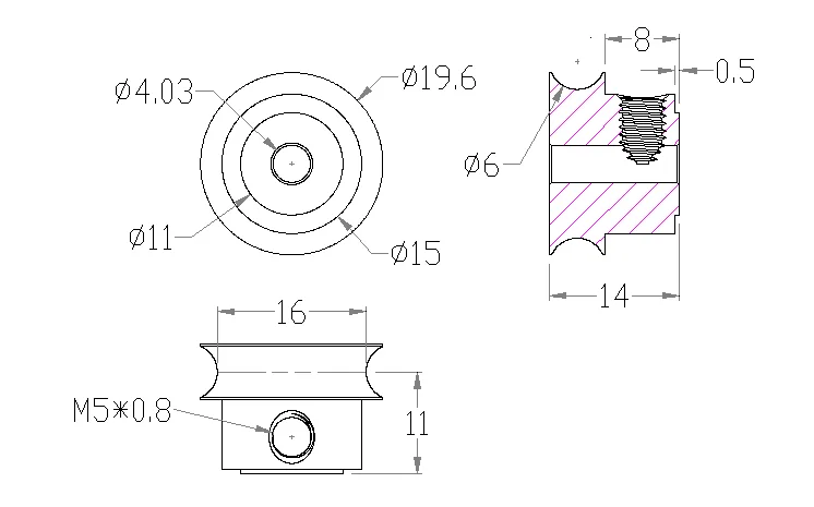 5401 Series Set Screw Round Belt Pulley (4mm Bore, 16mm PD) technical drawing