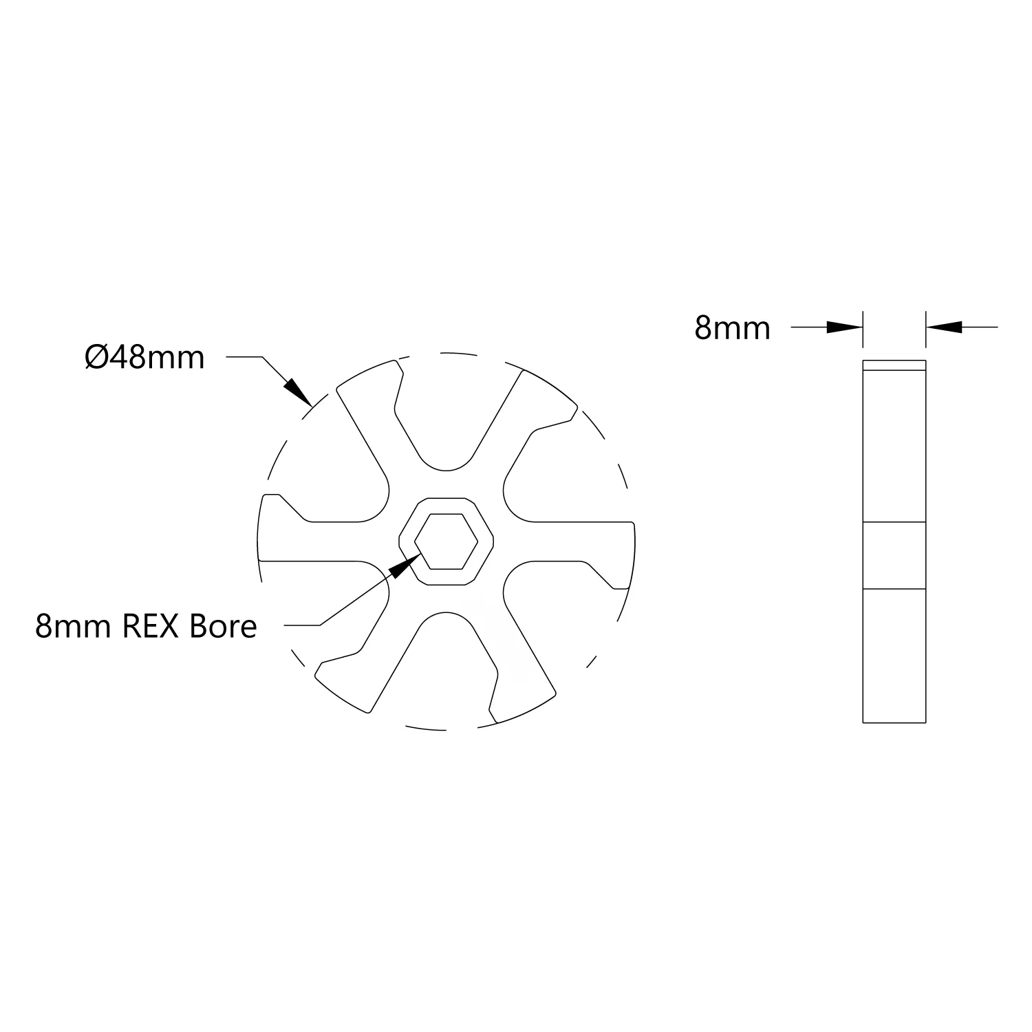 5615 Series Boot-Wheel (8mm REX Bore, 48mm Diameter, 30A Durometer) technical drawing