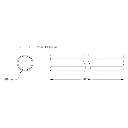 4102 Series Stainless Steel REX Shaft (8mm Diameter, 70mm Length) technical drawing