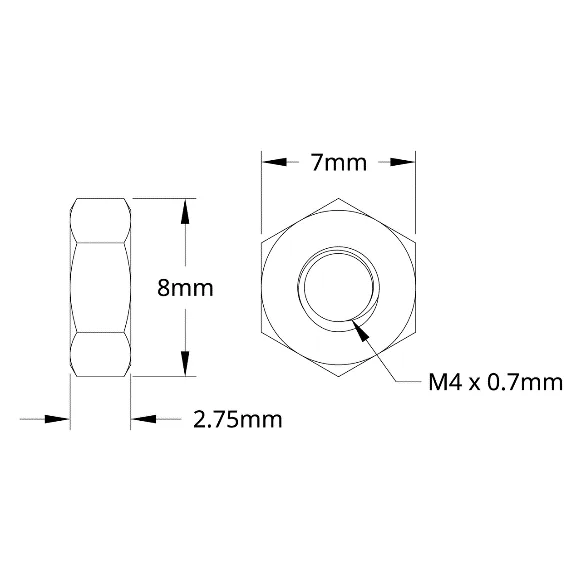 2811 Series Zinc-Plated Steel Hex Nut (M4 x 0.7mm, 7mm Hex) technical drawing
