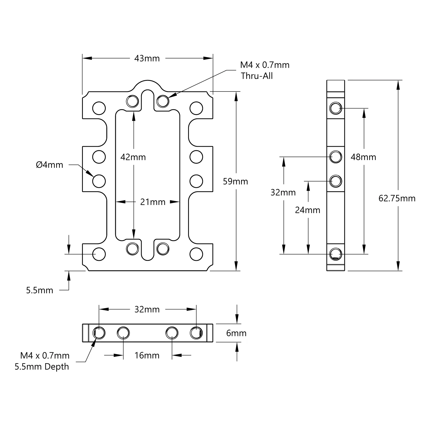 3802 Series Servo Frame (43mm Width, for Standard Size Servos) technical drawing