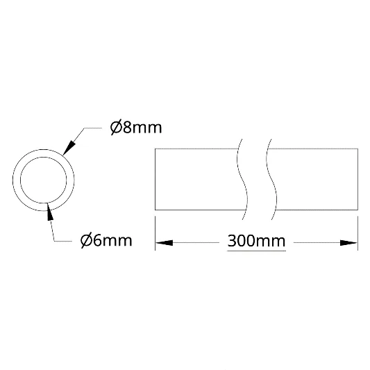 6100Series Aluminum Tube (6mm ID x 8mm OD, 300mm Length) technical drawing