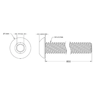 2802 Series Zinc-Plated Steel Button Head Screw (M4 x 0.7mm, 22mm Length) technical drawing