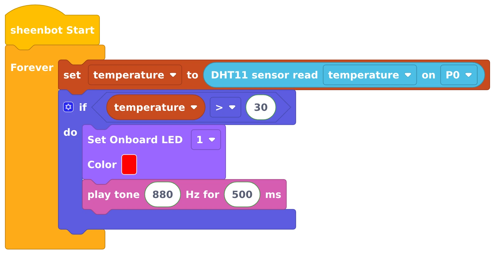 The heat-alert program with the new buzzer block merged in, glowing green